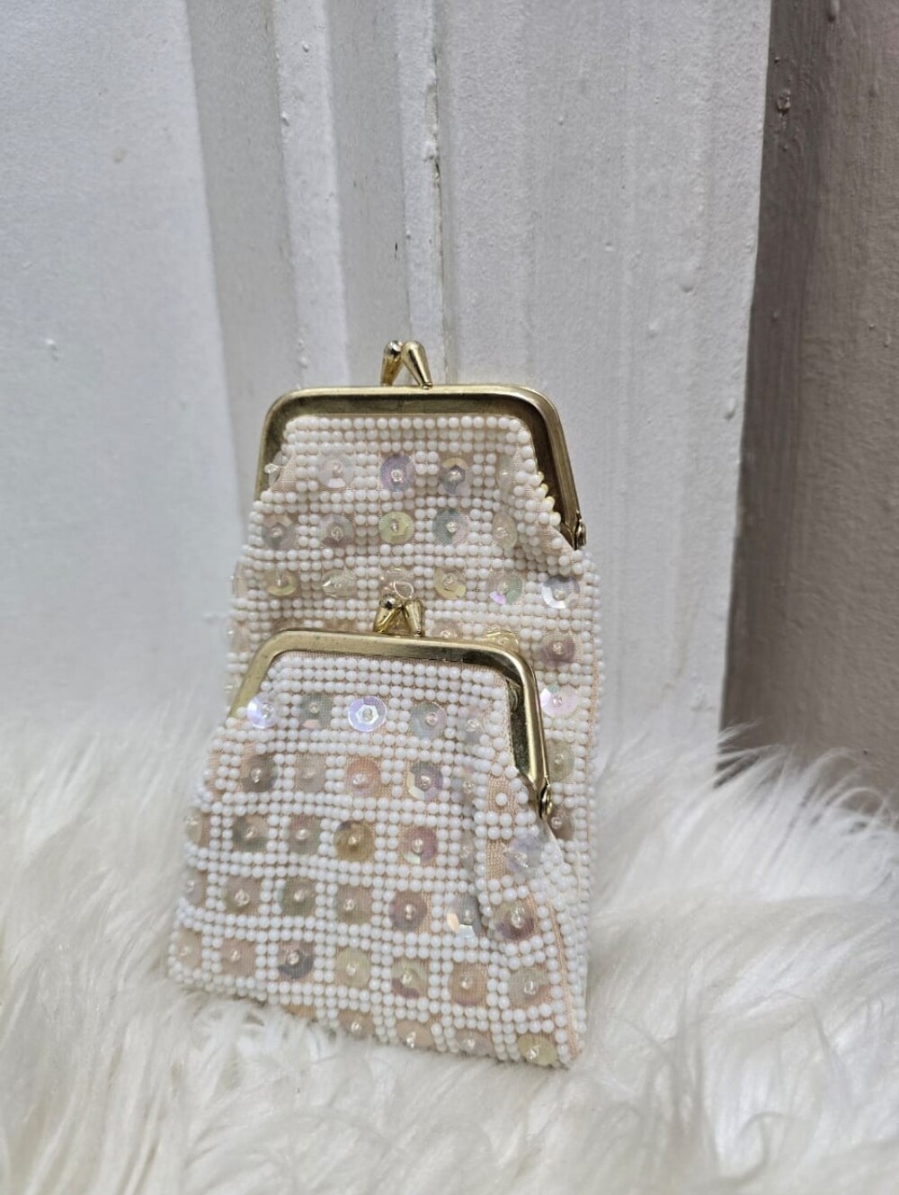 Vintage Cream-Colored Beaded and Sequin Clutch Bag